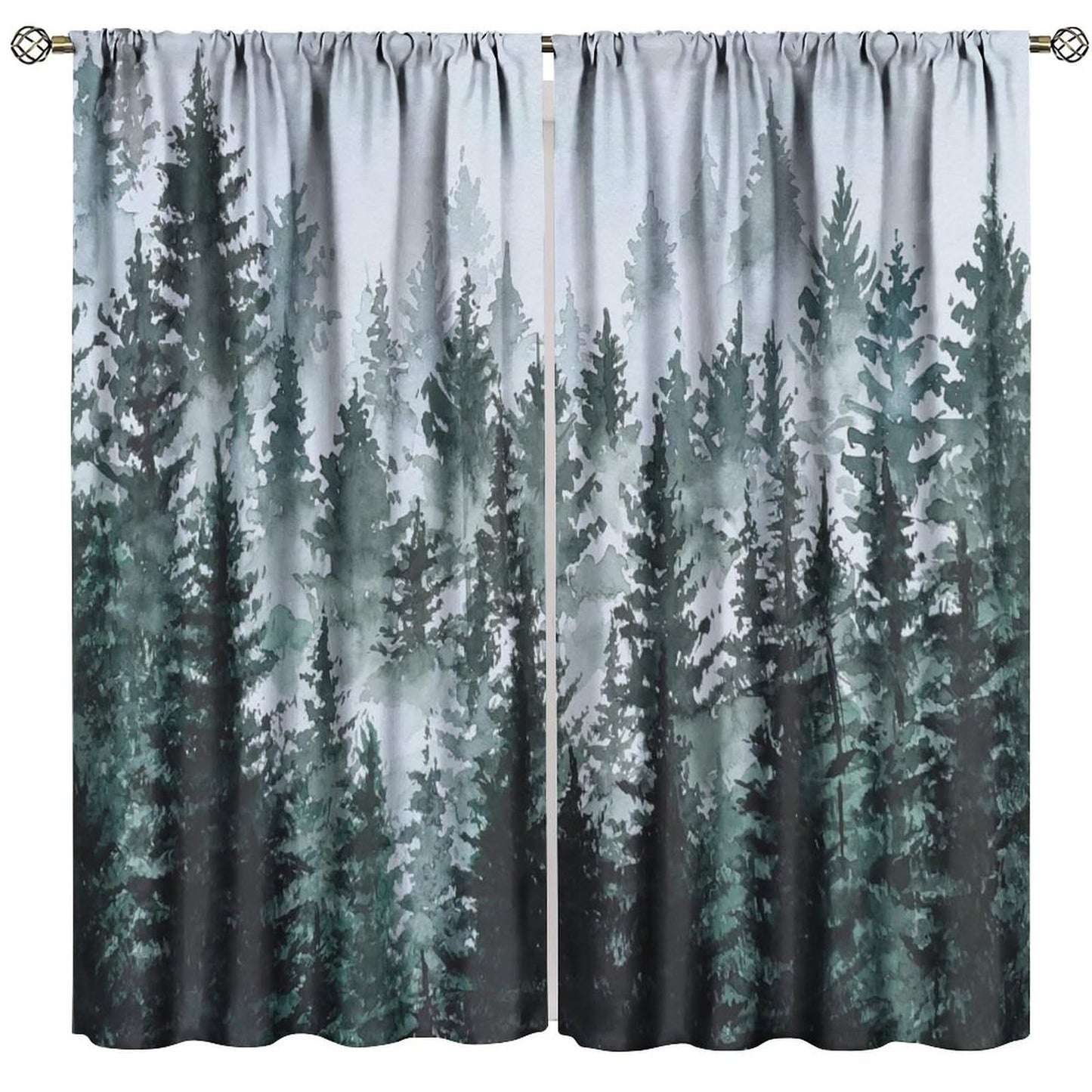 HZOHNAGO Forest Curtains Misty Watercolor Pine Trees Pattern Blackout Print Rod Pocket Window Drapes for Bedroom Living Room 42x45in