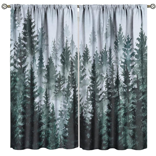 HZOHNAGO Forest Curtains Misty Watercolor Pine Trees Pattern Blackout Print Rod Pocket Window Drapes for Bedroom Living Room 42x45in