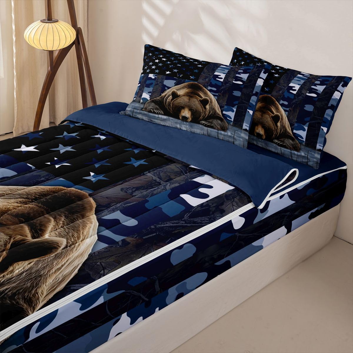jejeloiu Bear Hunting Camo Zipper Bedding Twin Rustic Western Bear Bedding Sets for Kids Boys Girls American Flag Comforter Set with Fitted Sheet 2 Pillowcases One Zipper Bed Set for All Seasons