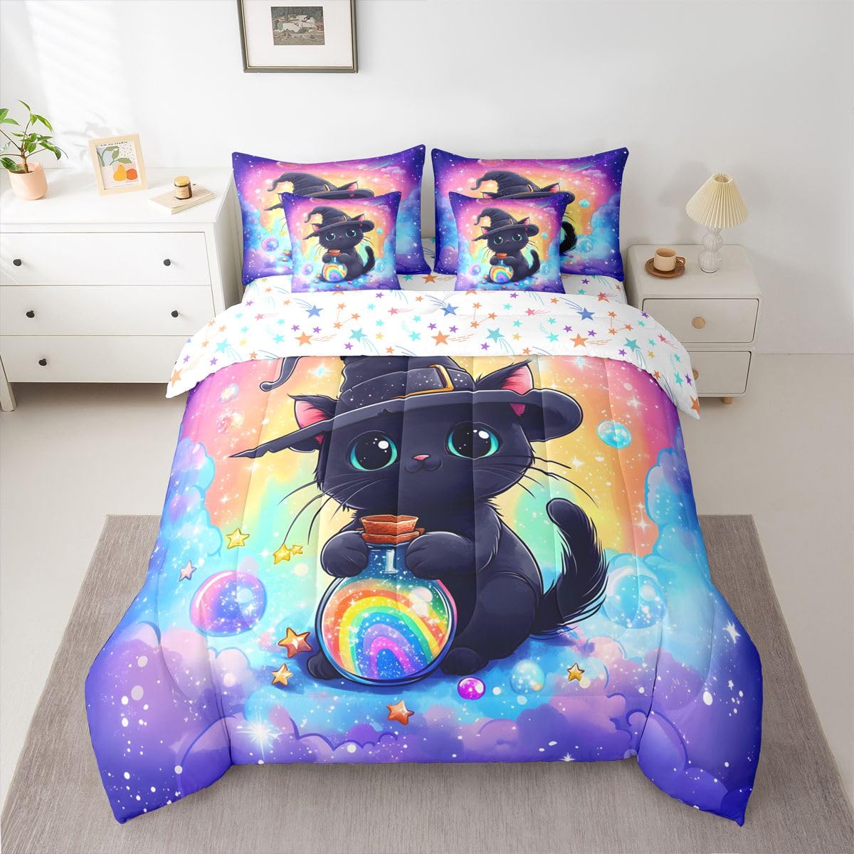 Feelyou Black Cat Comforter Set with Sheets 7 Piece Twin Size Cute Kitten Bed in a Bag Kids Boys Girls Rainbow Bedding Set Cute Animal Bedroom Decor Breathable Soft Lightweight Microfiber