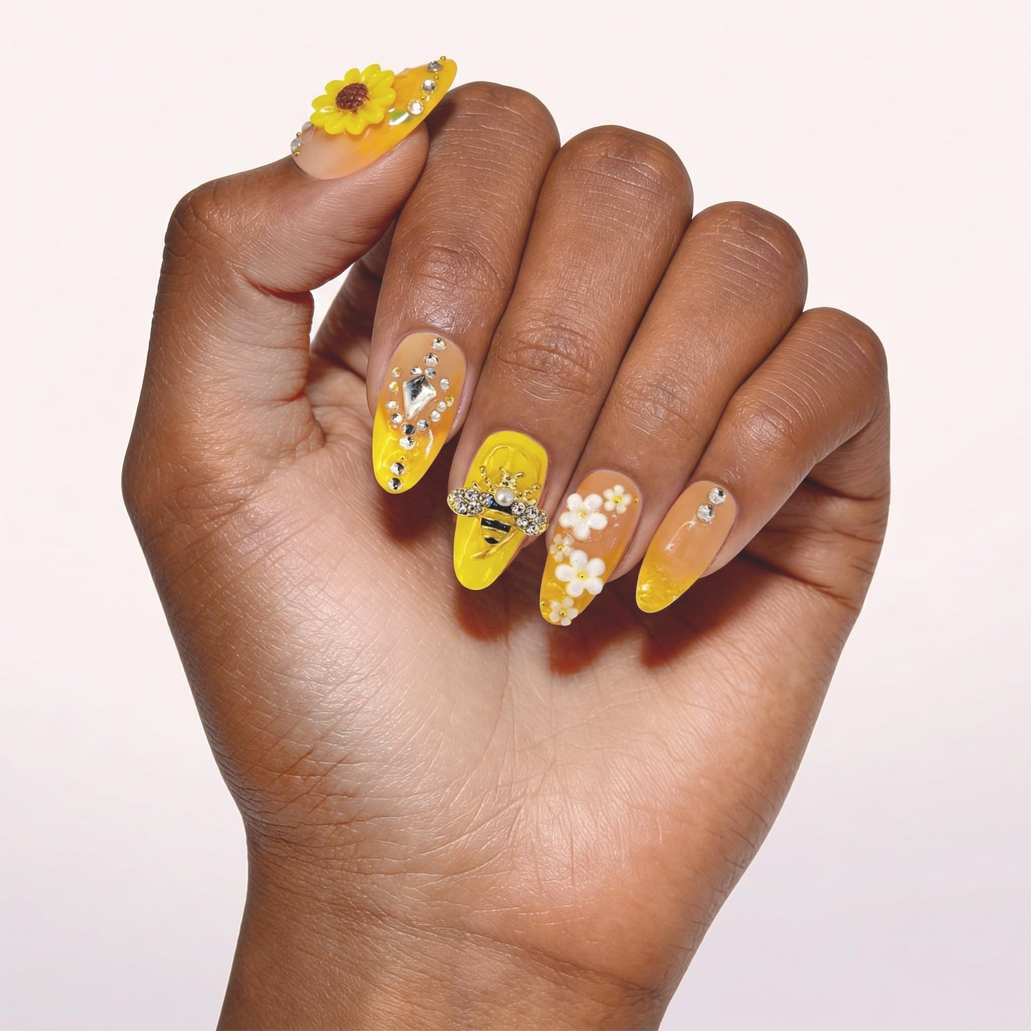 24Pcs Handmade Press on Nails,3D Sunflower Medium Length Almond Shape Fake Nails with Full Covered White Flowers,Cute Manicure Kit for Women and Girls