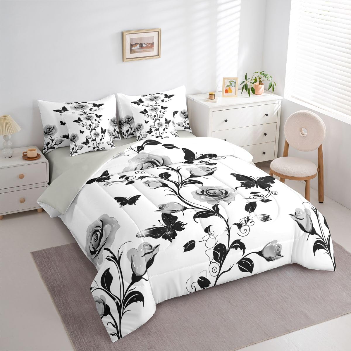 Erosebridal Rose Comforter Sets with Sheets - Romantic Roses Bedding Set Full for Boys Girls Flower Pattern 7Pcs Bed in A Bag Watercolor Silver Grey Bed Set