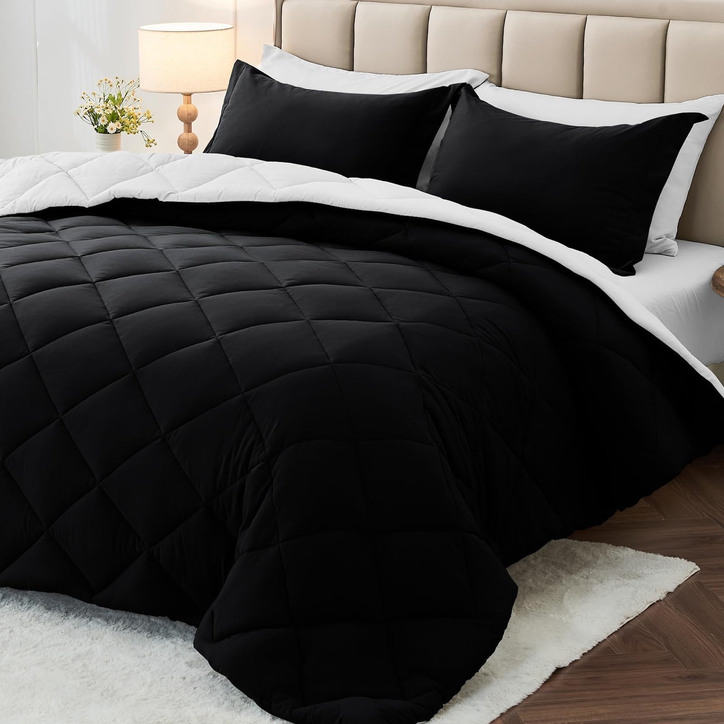 MUXHOMO 7 Pieces California King Comforter Set, Reversible Bed in a Bag Cal King Size, All Season Bedding Set with Comforter, Flat Sheet, Fitted Sheet, Pillowcases & Shams, Black & White