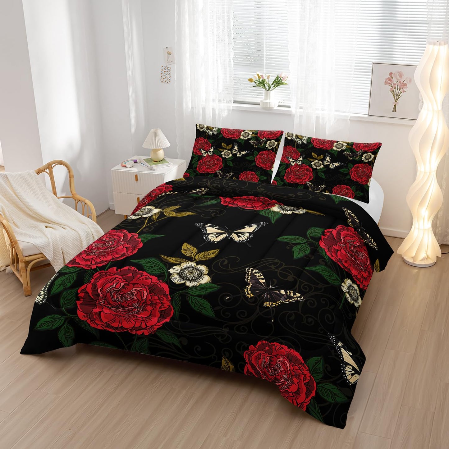 Nttopship Red Rose Comforter Set Butterfly Bedding Set Twin Size for Women Girls Bedroom Decor(1 Comforter + 2 Pillow Cases)