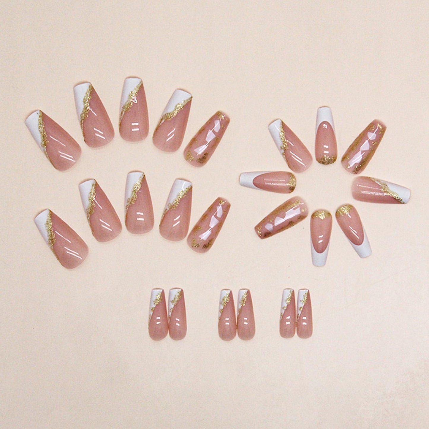 Medium Square Press On Gold Foil False Nails - French Tip, White Tip, Glitter Acrylic - 24 Pcs