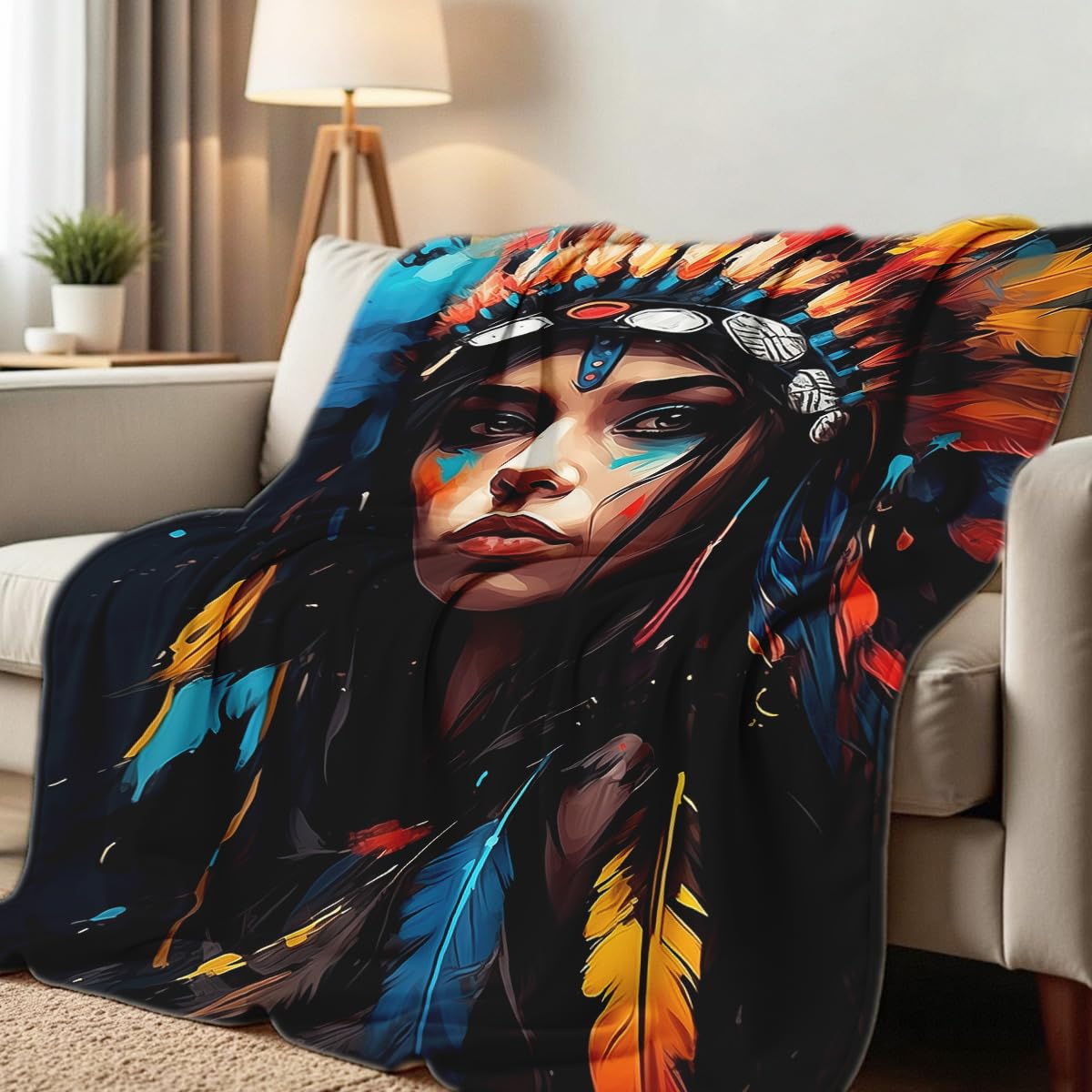 HUNXIAOJ Native American Indian Style Blankets Queen Size Native American Indian Gifts Western Decor Throw Blankets Bedding Warm Soft Flannel for Bed Couch (49"x59")