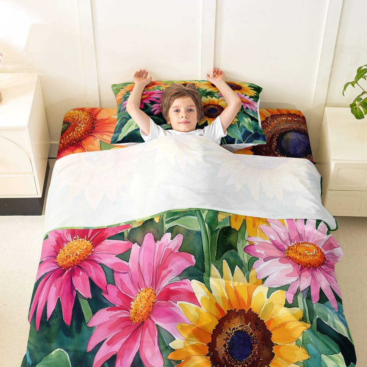 Erosebridal Spring Sunflower Bed Sheets Set Twin Watercolor Floral Sheet Set Green Watercolor Leaves Sheets Retro Boho Sunflower Flat Fitted Sheet