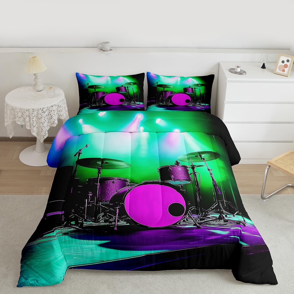 Erosebridal Drum Kit Comforter Set Queen Music Themed Bedding Set Rock Musical Instruments Comforter for Kids Boys Girls,Colorful Glitter Quilt Duvet