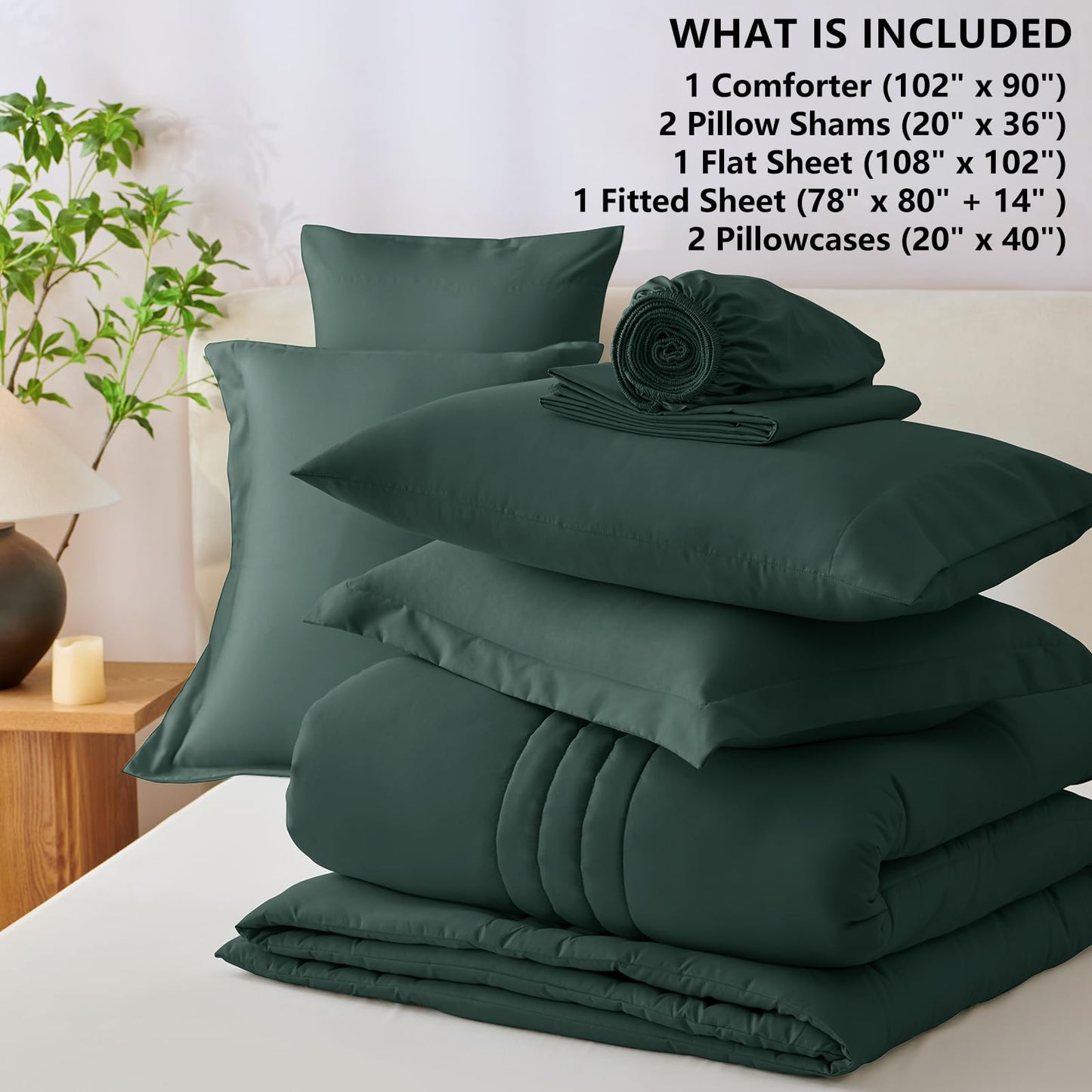 CozyLux King Size Comforter Set Forest Green - 7 Pieces Bed in a Bag, Modern Vertical Quilted Room Decor, Soft All-Season Bedding Gift with Comforter, Sheets, Pillowcases & Shams