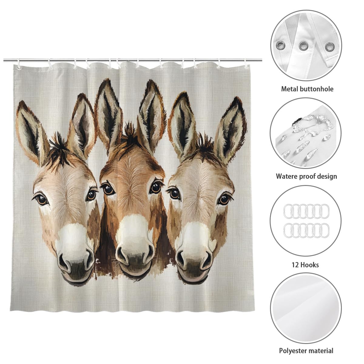 KEEPAEON Funny Donkey Bath Shower Curtain, Bathroom Curtain Washable Cloth Kids Shower Curtain Sets with 12 Hooks for Bathroom Decor, 72"x72"