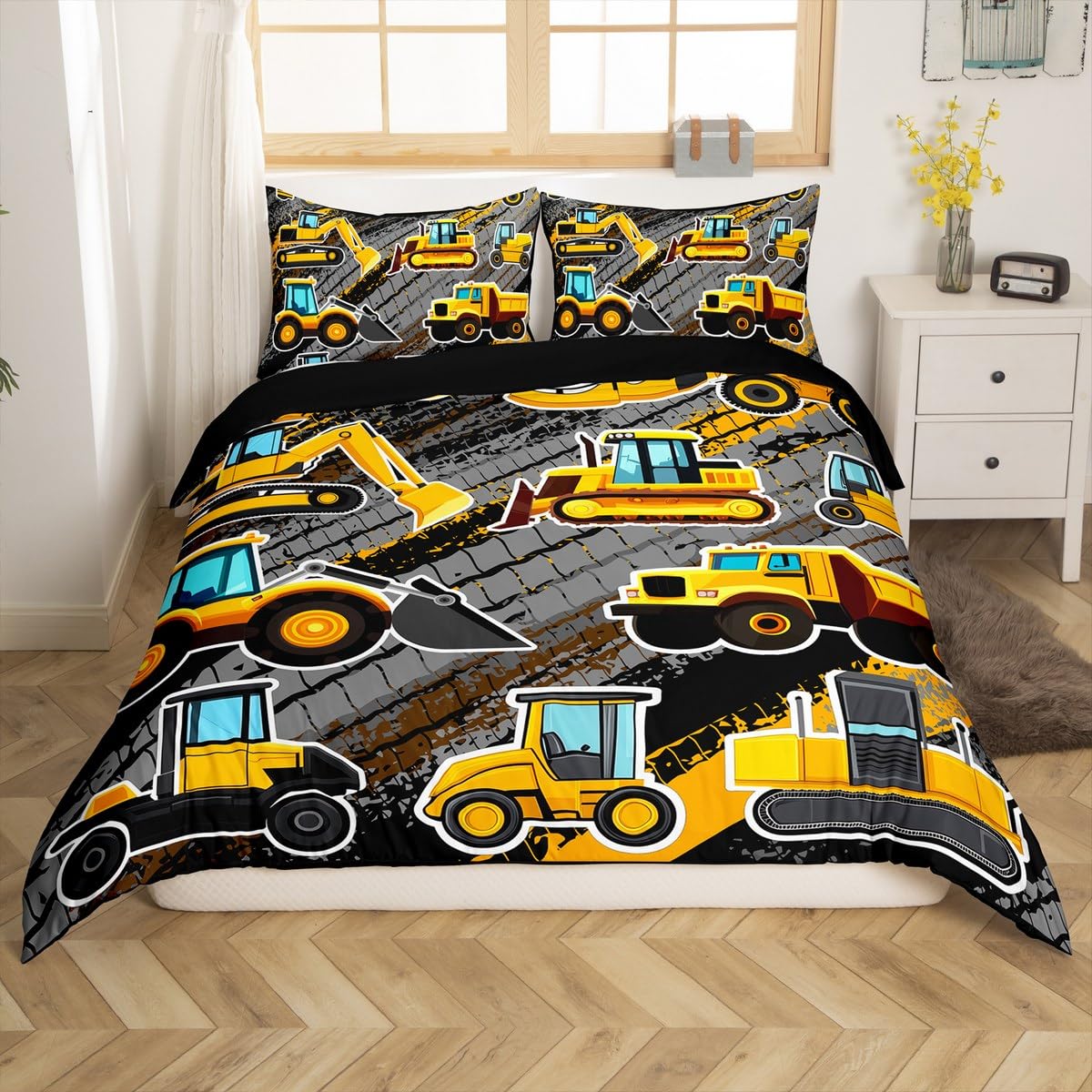 Equipment Trucks Comforter Cover Set, Excavators Bedding Set Full, Yellow Vehicle Duvet Cover for Child Kids Children Boys Teens Construction Tractor Construction Site Car Beddings for Bedroom Decor