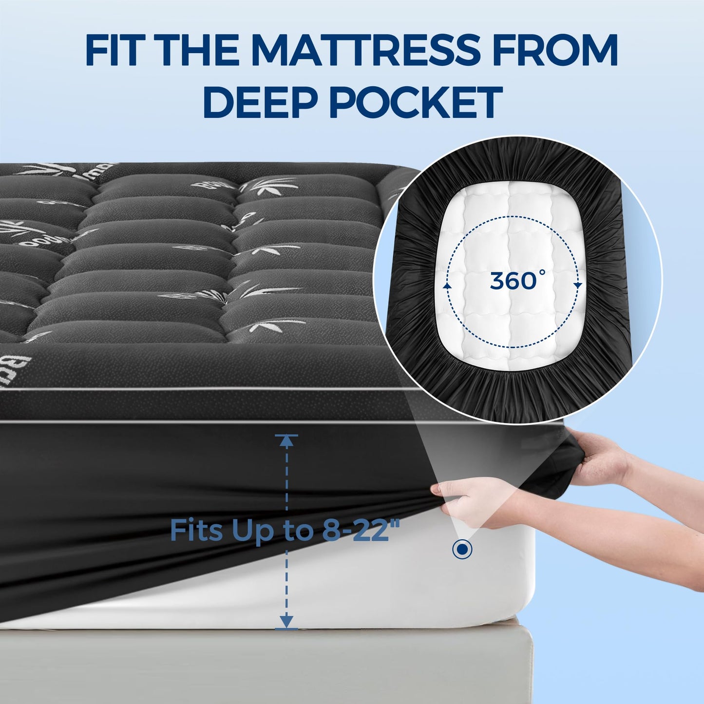 Mattress Topper Queen Size, Cooling Extra Thick Breathable Viscose Made from Bamboo Mattress pad, Soft Quilted Fitted Mattress Cover with 1000 GSM Down Alternative Fill (8-21”Deep Pocket) Dark Gray