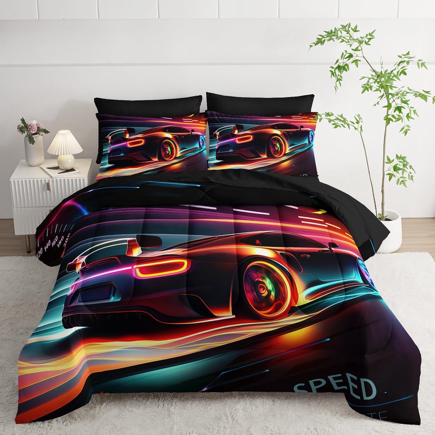 AILONEN Kids 3D Racing Car Comforter Sets Full Size,Extreme Sports Theme Bedding Set Bed in a Bag for Boys Teens,Modern Race Car Comforter & Fitted Sheet + Flat Sheet & 2 Pillowcases,2 Pillow Shams