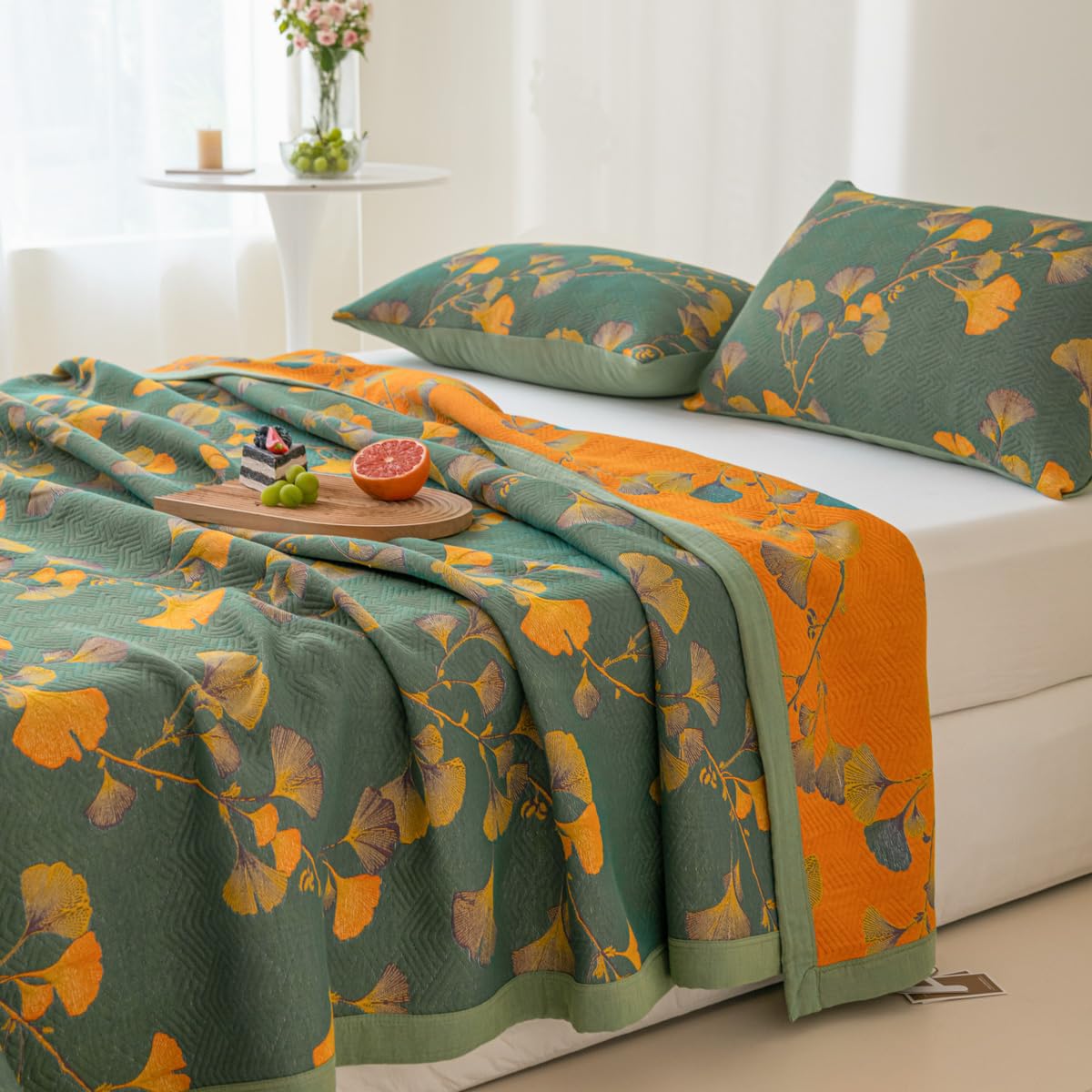 Purefair 100% Cotton Jacquard Quilt Floral Ginkgo Leaves Print,Soft Muslin Bed Cover 3 Layers Reversible Bedspread Coverlet Breathable Lightweight Bedding,Full/Queen(78"x94"), No Pillow Sham