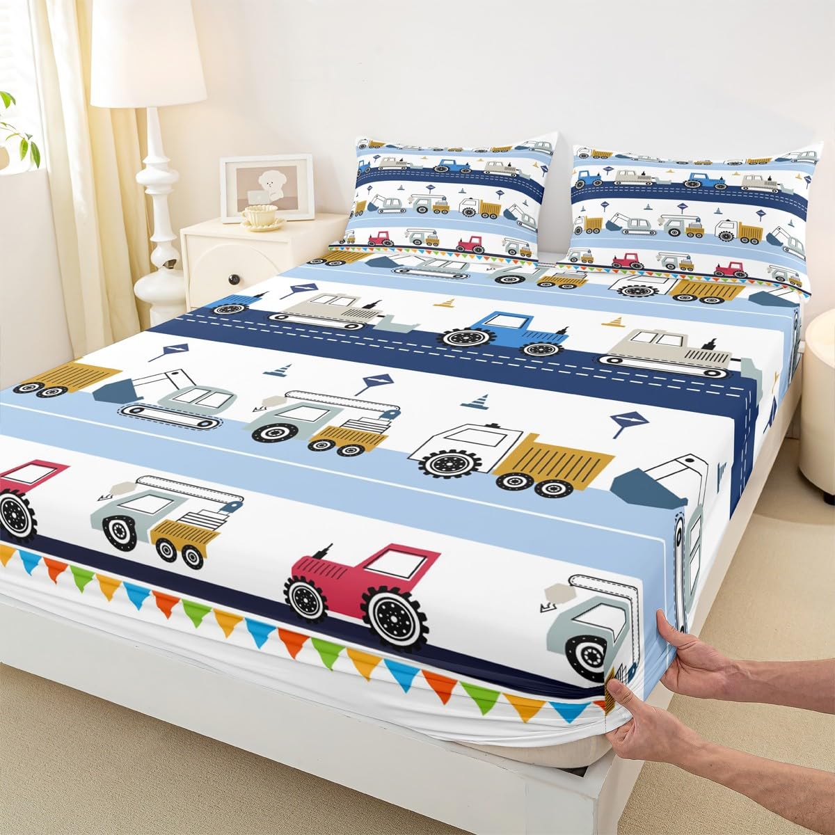 Feelyou Construction Sheet Set Kids Equipment Trucks Sheets with Deep Pocket Fitted Sheet Boys Cartoon Car Excavator Tractor Bed Sheets Set Construction Vehicles Blue White Bedding Set Full Size