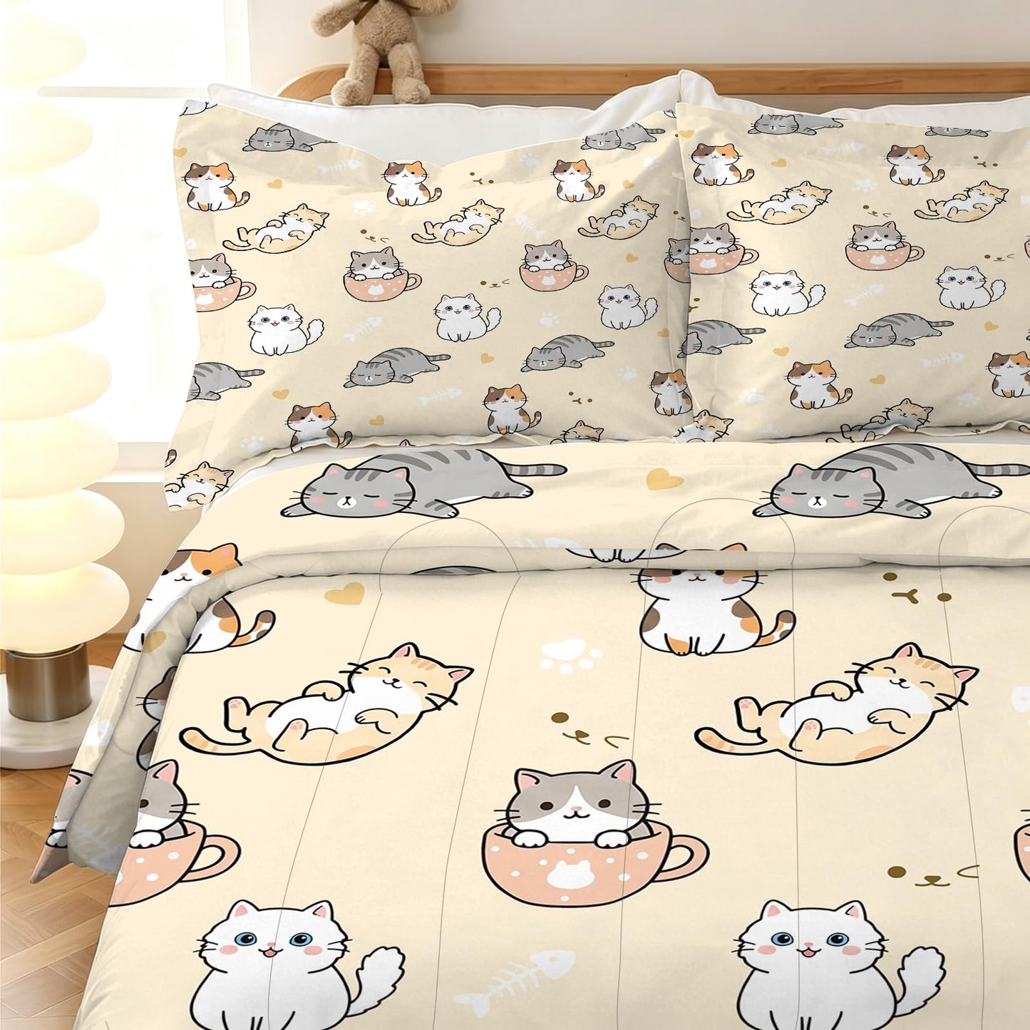 EDGZKO Cat Comforter Set Full Size Cartoon Cat Pattern Princess Bedding Set Soft Toddler Quilt Duvet Set Full Bed Set for Girls Kids Teens Adults Nursery 1 Comforter 2 Pillowcases