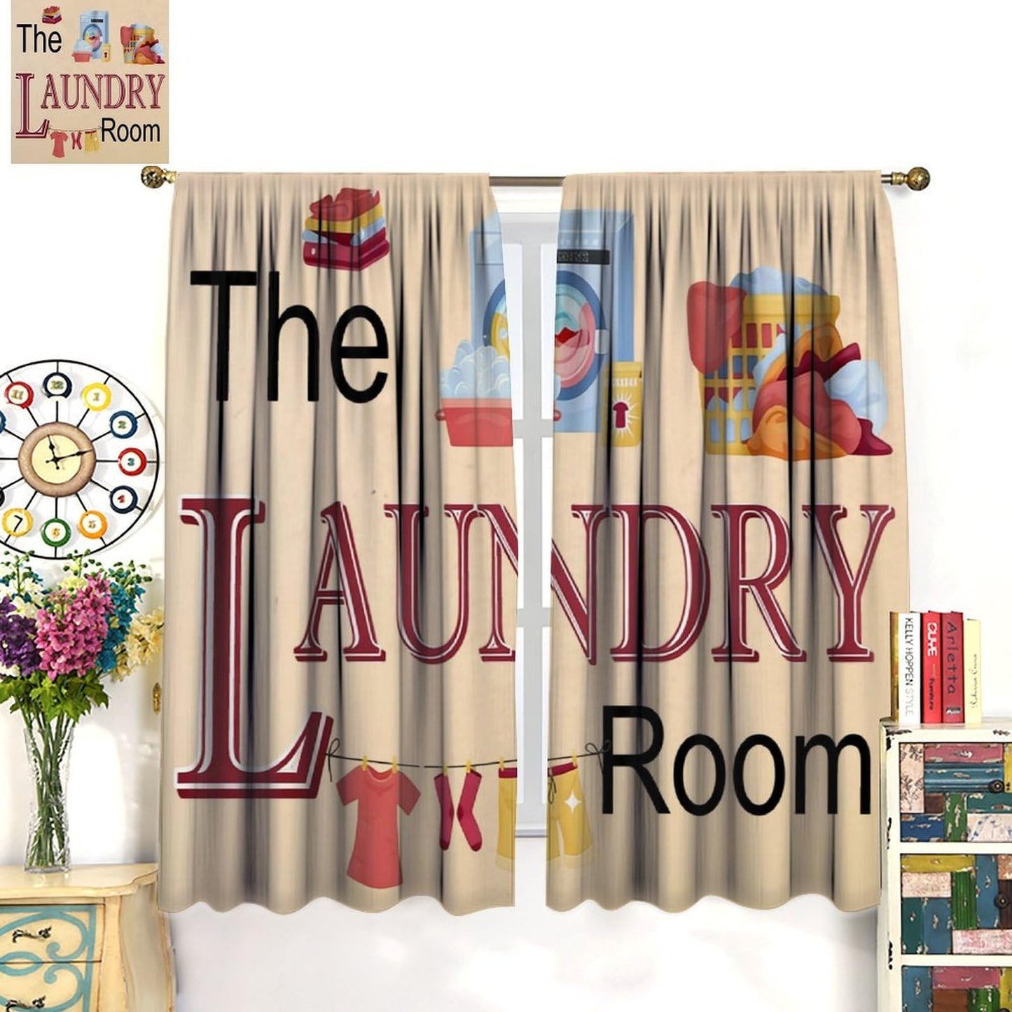 Nsbul Vintage Laundry Room Curtains, Farmhouse Rustic Wash Dry Clothes Quotes Window Drapes Treatments for Kitchen Living Room Bedroom Laundry, 42" W X 45" L(No Blackout)