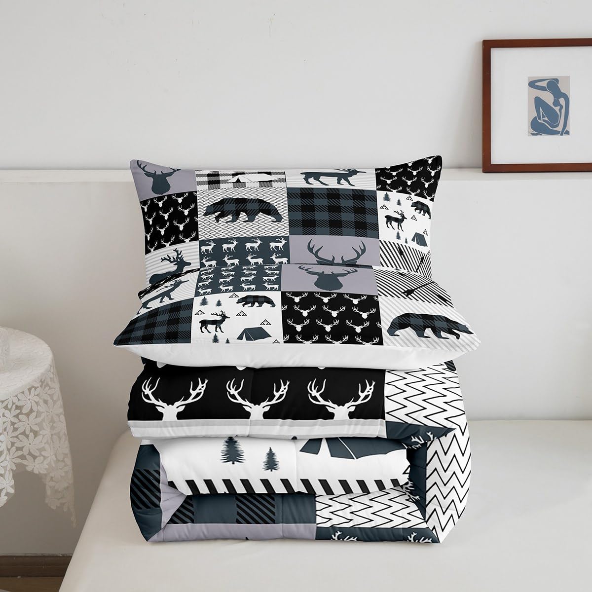 Feelyou Rustic Deer Bear Comforter Set Twin, Camping Hunting Comforter Set for Kids Western Farmhouse Comforter Bear Antler Silhouette Duvet Set Breathable Quilt Set 2Pcs