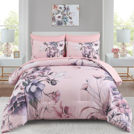 Luxudecor Floral Comforter Set Queen Size 7 Piece, Blush Pink Flower Bed in a Bag, Elegant Comforter Bedding Set for All Season (Blush Pink, 90"x90")