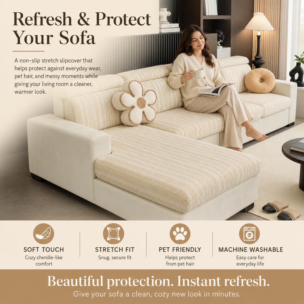 DiiuuAII Couch Cushion Covers, Stretch Anti-Slip Couch Covers for Sectional Sofa with Adjustable Buckle Washable Pet Friendly Furniture Protector(Linen White,2 Seat Cover M)