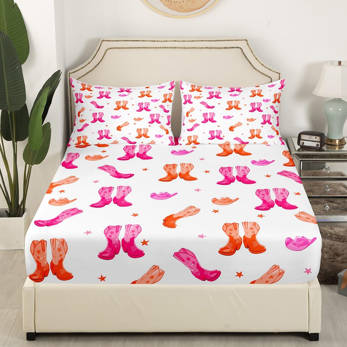 Feelyou Pink Howday Sheet Set Boys Girls Riding Boots Sheets with Deep Pocket Fitted Sheet Queen Size Western Decor Bed Sheets Set Farmhouse Cowboy Hat Bedding Set Wild Western Cowboy Bed Set 4Pcs