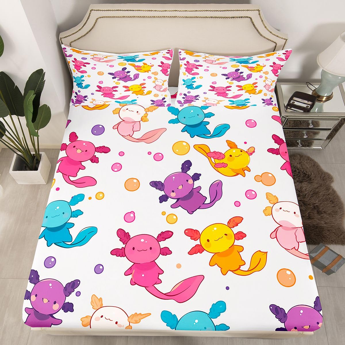Erosebridal Axolotl Bed Sheets Full | Wildlife Sheet Set for Kids Boys Girls Cartoon Salamander Sheets Colorful Cute Beach Ocean Animals Flat Fitted Sheet 3 Pcs