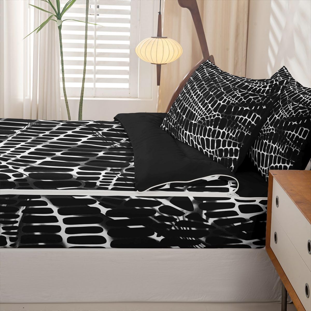 Erosebridal Mysterious Geometric Zipper Bedding Black White Grid Zippable Comforter Set 3D Print Bed in a Bag Full Size Modern Animal Texture Bed Set Room Decor