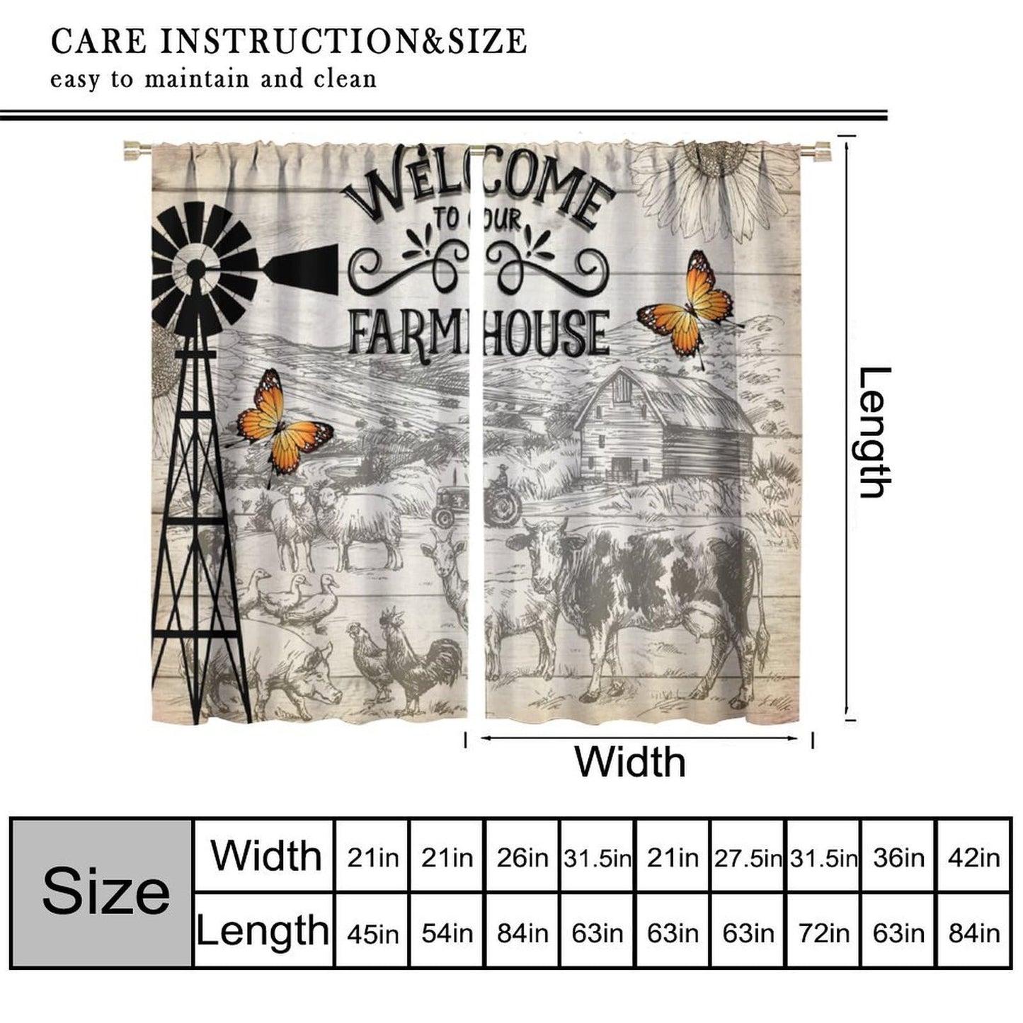 FAOTELY Rustic Farmhouse Curtain Retro Wooden Windmill Straw Bale Cattle Butterfly Animals Pattern Window Drapes for Living Room Bedroom Kitchen Cafe （W20xL45 Inch） x2 Decor