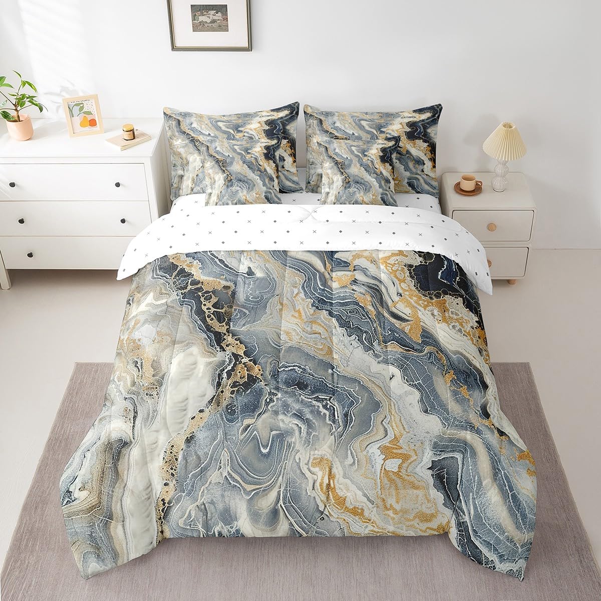 Erosebridal Marble 7 Pcs Comforter Set Queen Size Ink Fluid Bedding Modern Marbling Art Bed in A Bag for Kids Adults Luxury Stone Liquid Blue Gold Abstract Bed Set