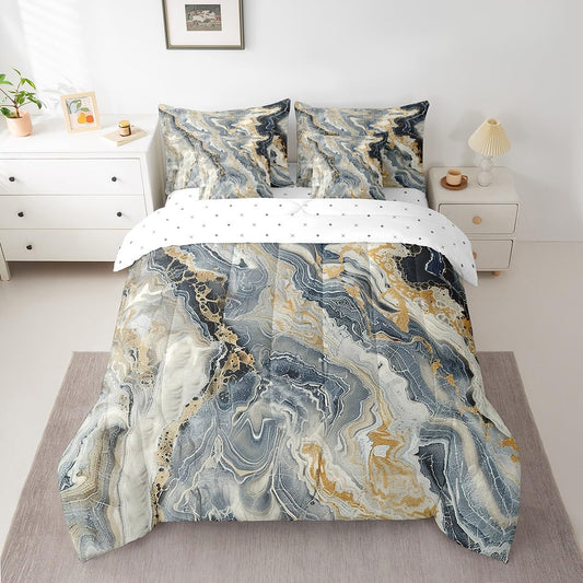 Erosebridal Marble 7 Pcs Comforter Set Queen Size Ink Fluid Bedding Modern Marbling Art Bed in A Bag for Kids Adults Luxury Stone Liquid Blue Gold Abstract Bed Set