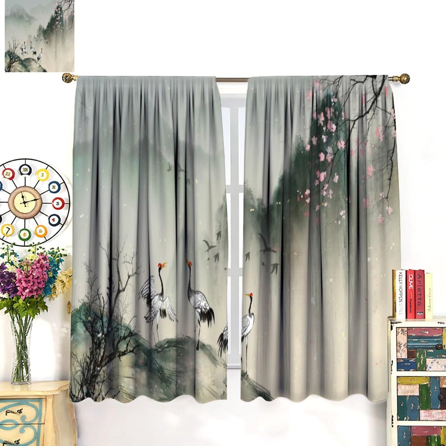 Asian Curtain Traditional Chinese Ancient Ink Landscape Painting Animal Crane Print Curtain for Kitchen Bedroom Living Room Blackout Privacy Curtain 42x45 Inch 2 Panels