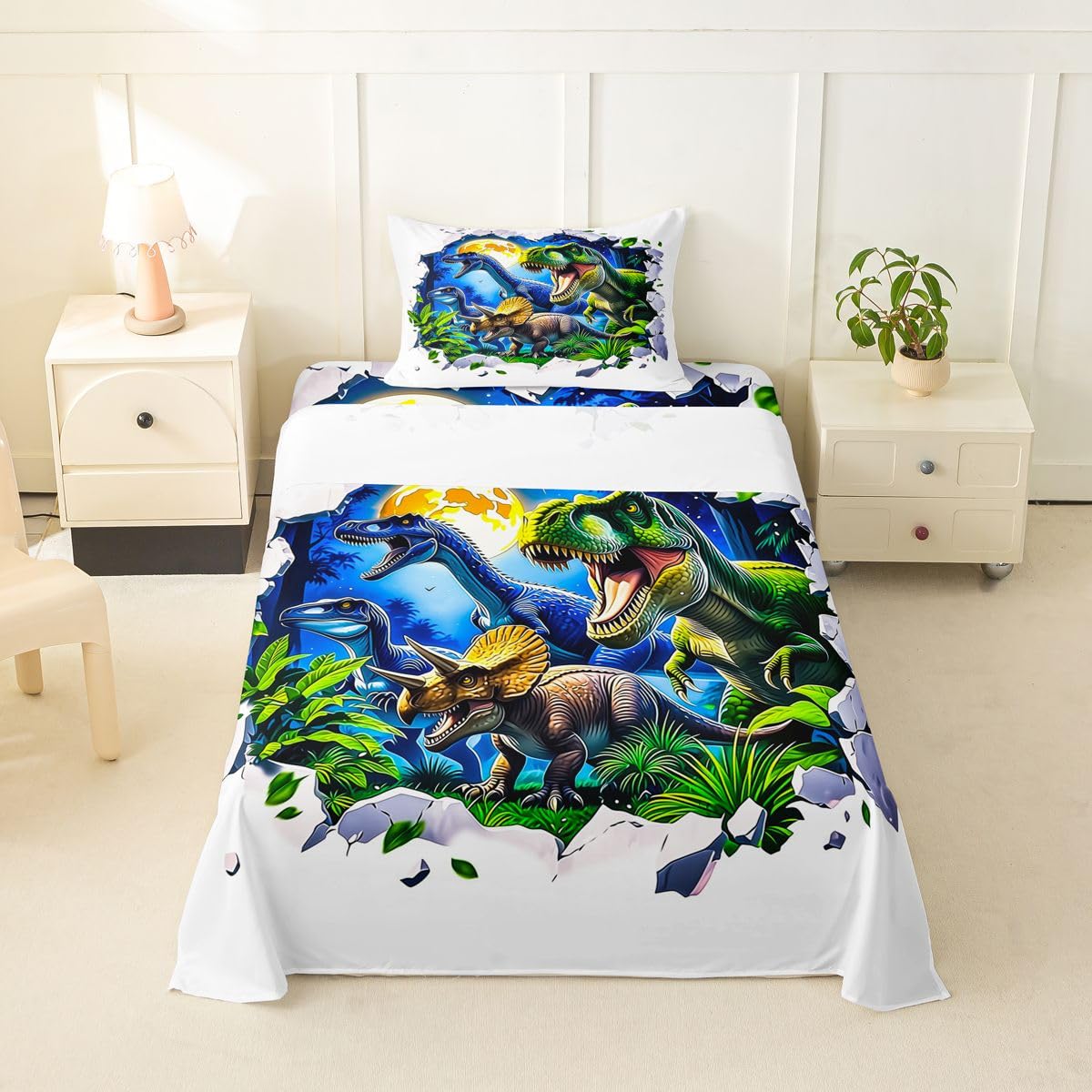 Feelyou Dinosaur Bed Sheets Set Twin Size 3D Digital Print Deep Pocket Fitted Sheet Jungle Dino Bedding Sets Wild Animal Soft Bed Set 3Pcs with 1 Pillow Cases White Green Blue