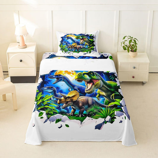 Feelyou Dinosaur Bed Sheets Set Twin Size 3D Digital Print Deep Pocket Fitted Sheet Jungle Dino Bedding Sets Wild Animal Soft Bed Set 3Pcs with 1 Pillow Cases White Green Blue