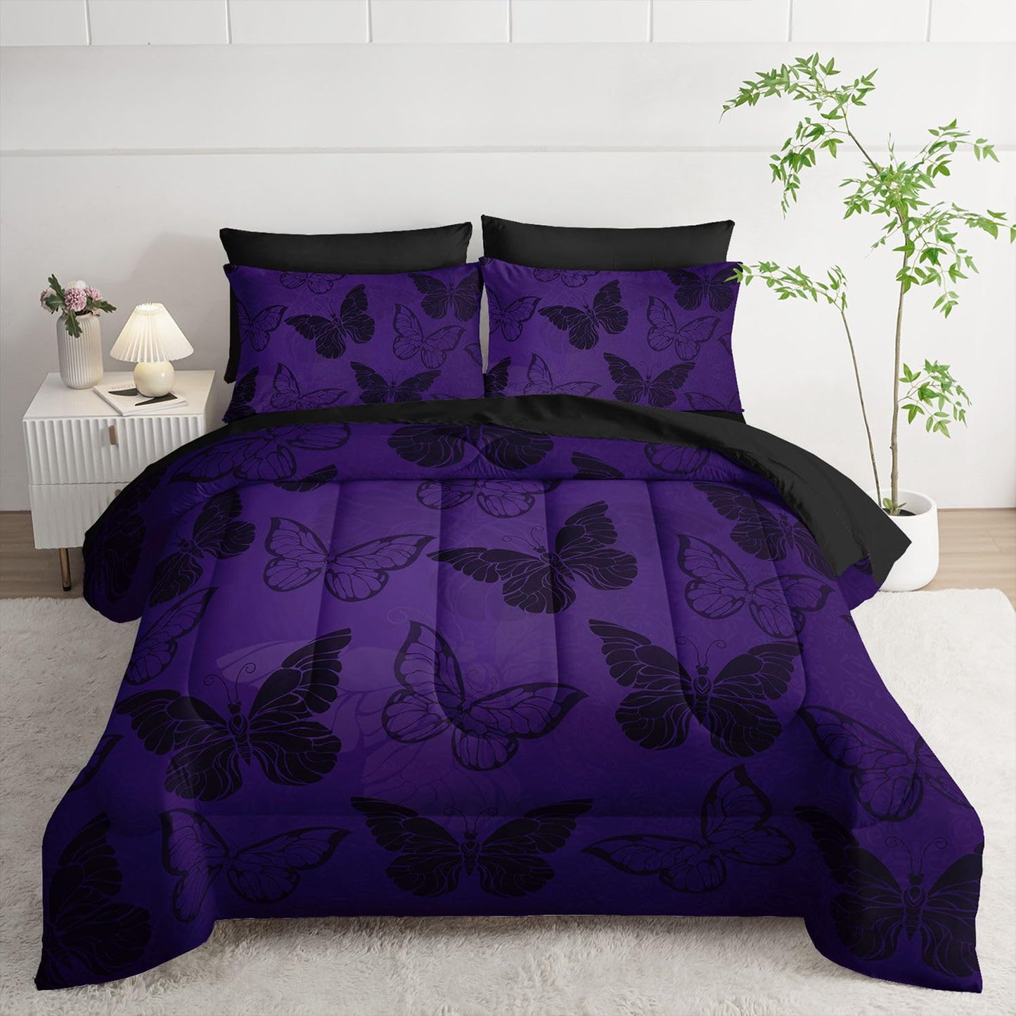 Smell Sunshine 7pcs Purple Butterfly Comforter Set Black Purple Printed Bedding Set with 1 Comforter, 1 Flat Sheet, 1 Fitted Sheet and 4 Pillowcases for Boys and Girls Bedroom (Butterfly-5 Twin