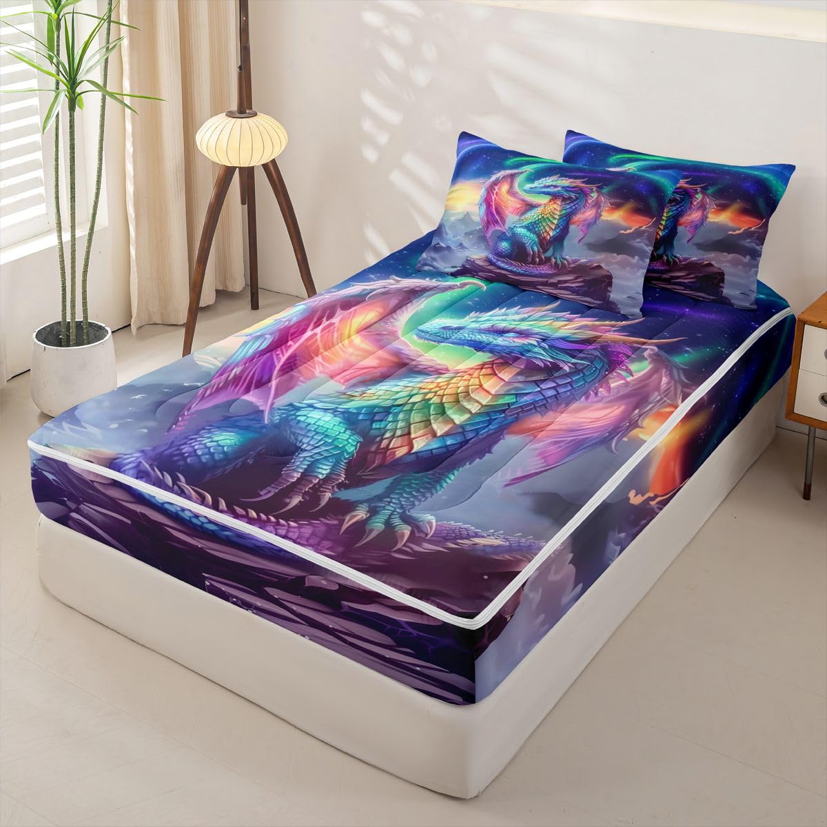 jejeloiu Flying Dragon Zipper Bedding for Kids Outer Space Galaxy Twin Comforter Set with Fitted Sheet 2 Pillowcases Aesthetic Aurora Bed in a Bag Fantasy Animal Soft Lightweight Microfiber
