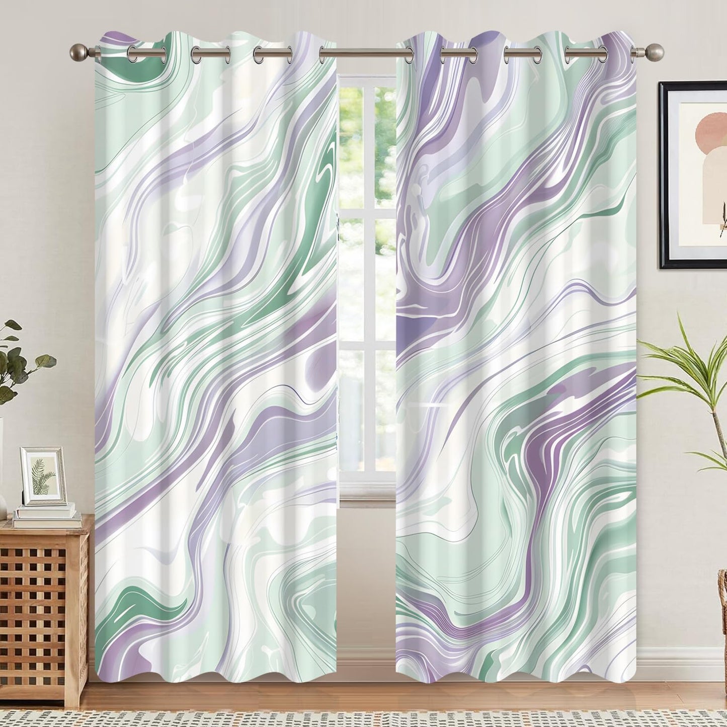 Xiazhilaio Abstract Fluid Art Blackout Curtains 2 Panels Set - Mint Green & Lavender Marble Pattern Window Drapes, Thermal Insulated Room Darkening Curtains for Modern Bedroom Decor, 52x84 Inch