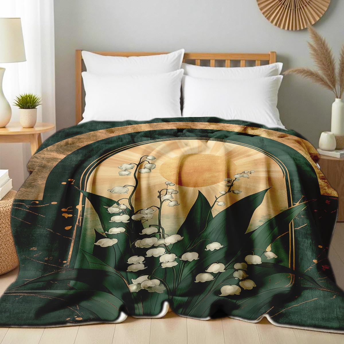 HUNXIAOJ White Floral Blanket Lily of The Valley Print Throw Wildflower Blanket Queen Size Flowers Flannel Bedding Couch Sofa Bed Living Room Decor 49"x59"