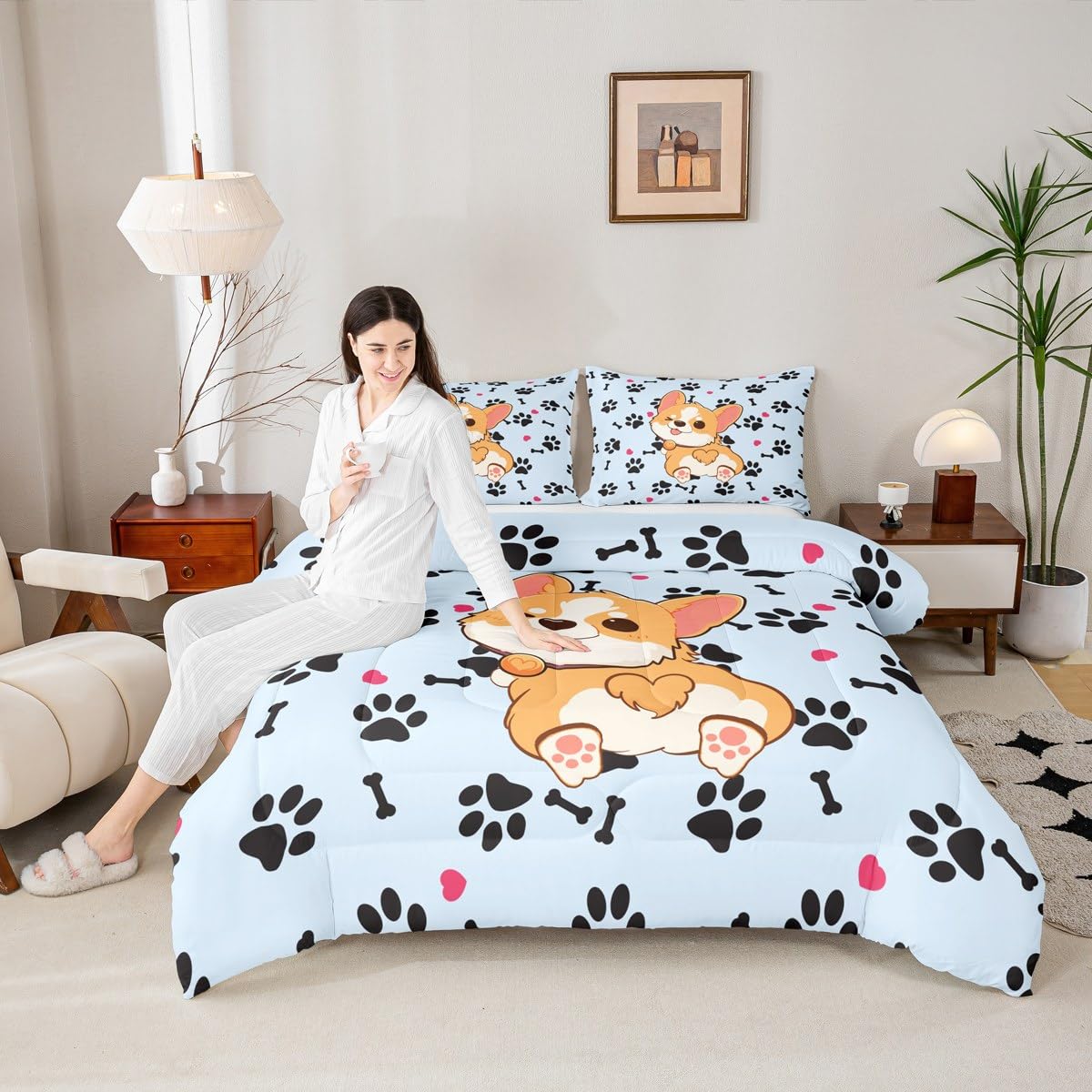 Castle Fairy Cute Corgi Comforter Set Twin Size,Cartoon Dog Footprint Bones Bedding 2pcs for Kids Boys Girls Room Decor,Smiling Doggy Quilt Family Paw Duvet Insert with 1 Pillowcase,Blue