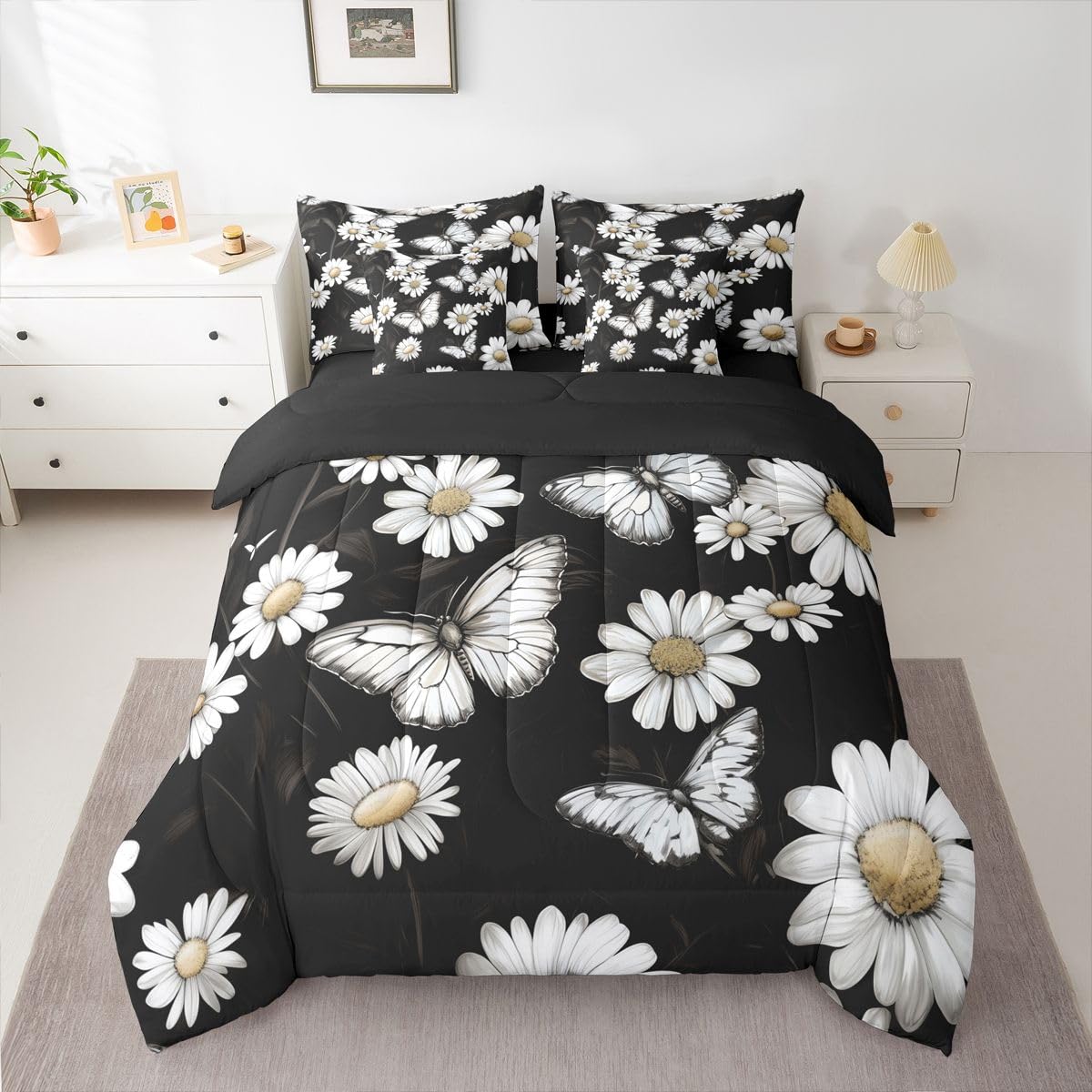Erosebridal Daisy 7 Piece Bedding Set Twin Butterfly Comforter Set with Sheets Princes White Flowers Petal Plants for Kids Boys Girls Cute Oil Painting Modern Art Bed in a Bag