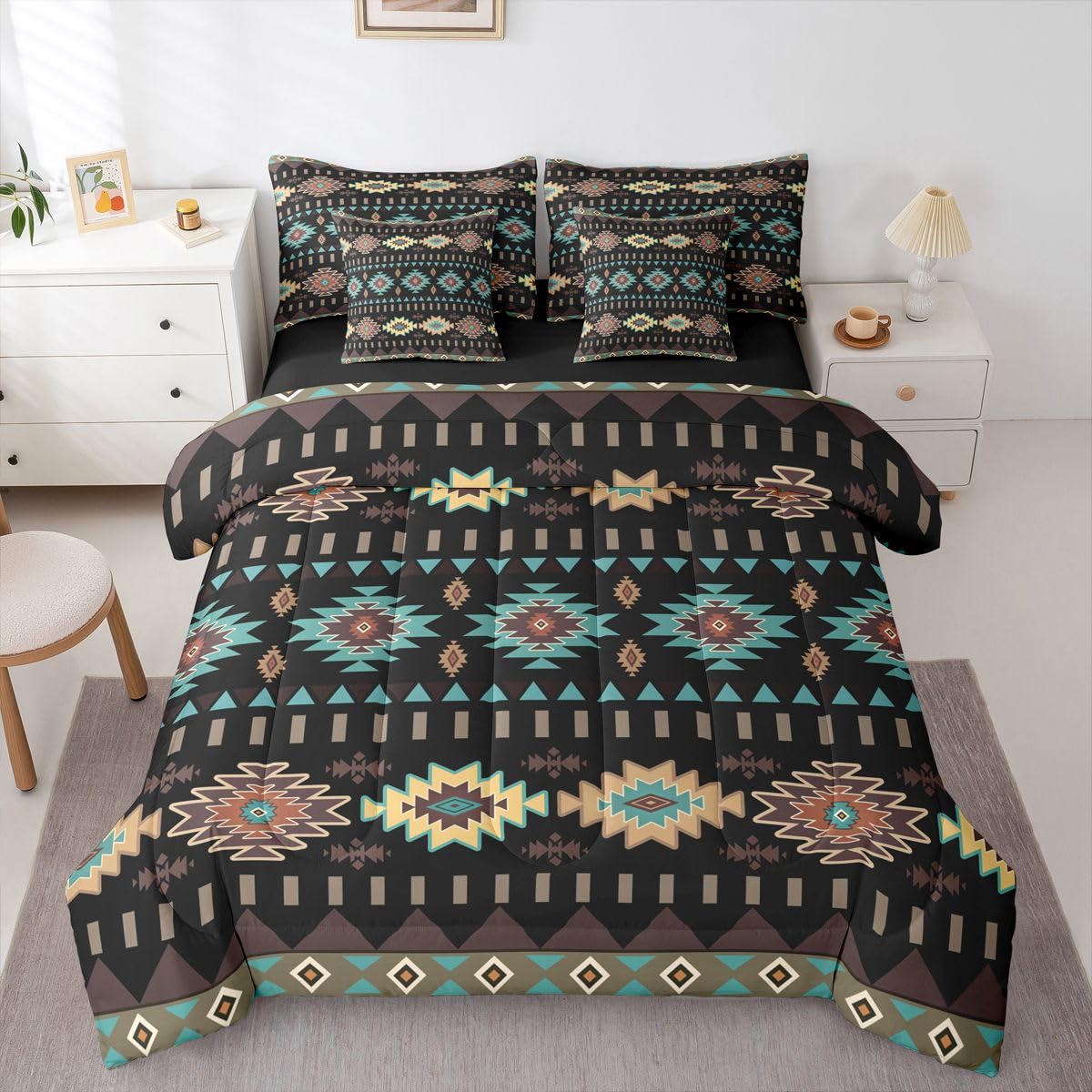 Erosebridal Aztec 7 Piece Bedding Set Queen Geometric Comforter Set with Sheets Rustic Boho Mysterious Tribal Retro Bed in a Bag Black Teal Southwestern Simple for Teens Men Women