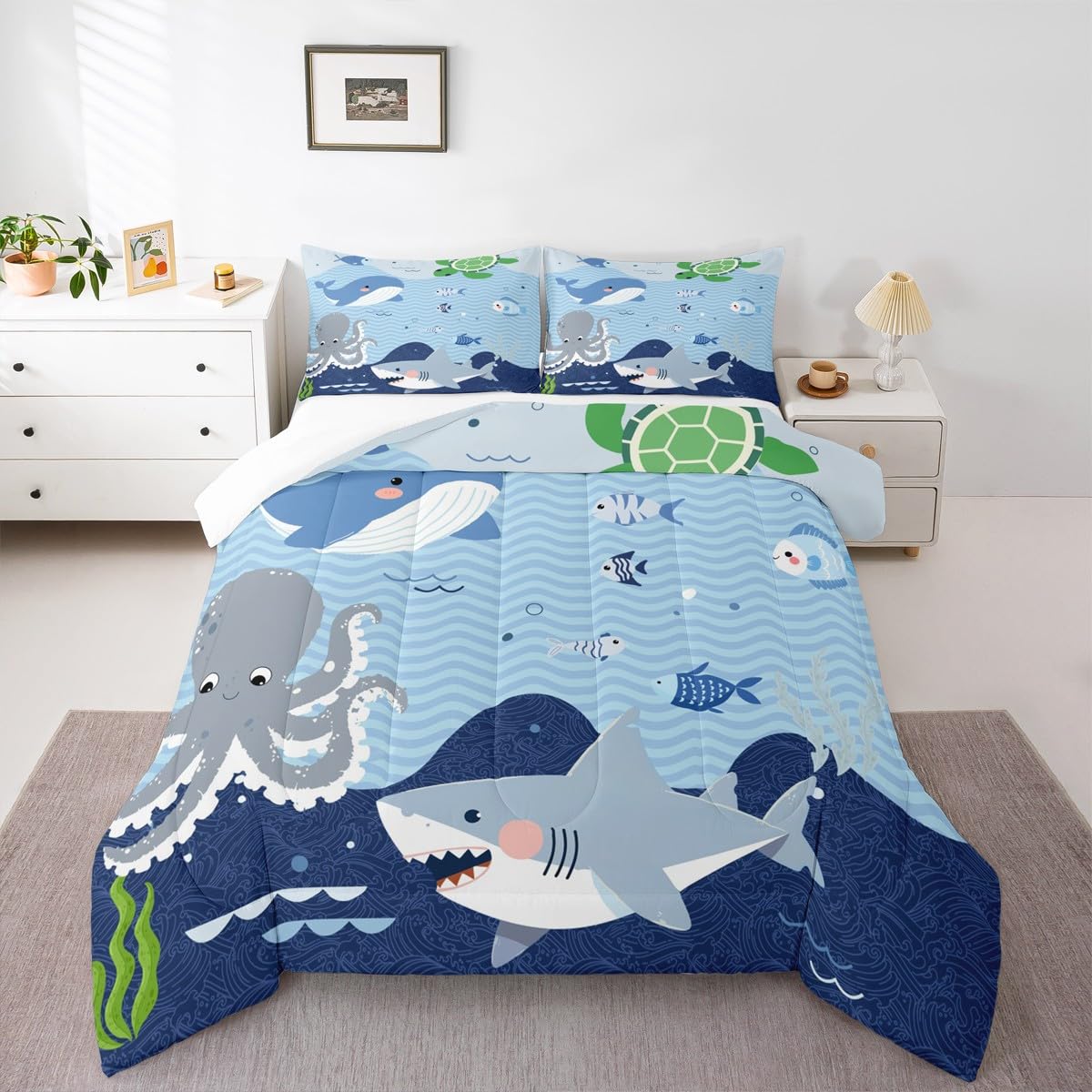 Homewish Shark and Whale Comforter Set,Cartoon Sea Animal Bedding Set for Kids Girls Women,Adults Octopus Turtle Comforter,Underwater World Quilted Duvet Set Bedroom Collection Twin Size 2Pcs