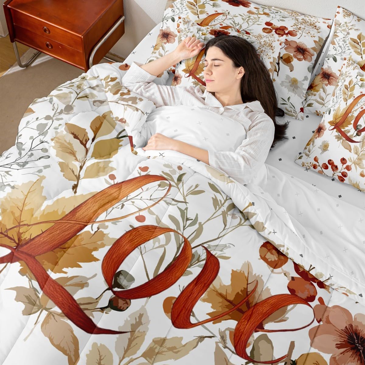 jejeloiu Fall Harvest Comforter Set Twin Size 7 Pieces Autumn Harvest Theme Bedding Set Autumn Leaves Bed in a Bag with Comforter, Sheets, Pillowcases, Cushion Covers Bedroom Decor