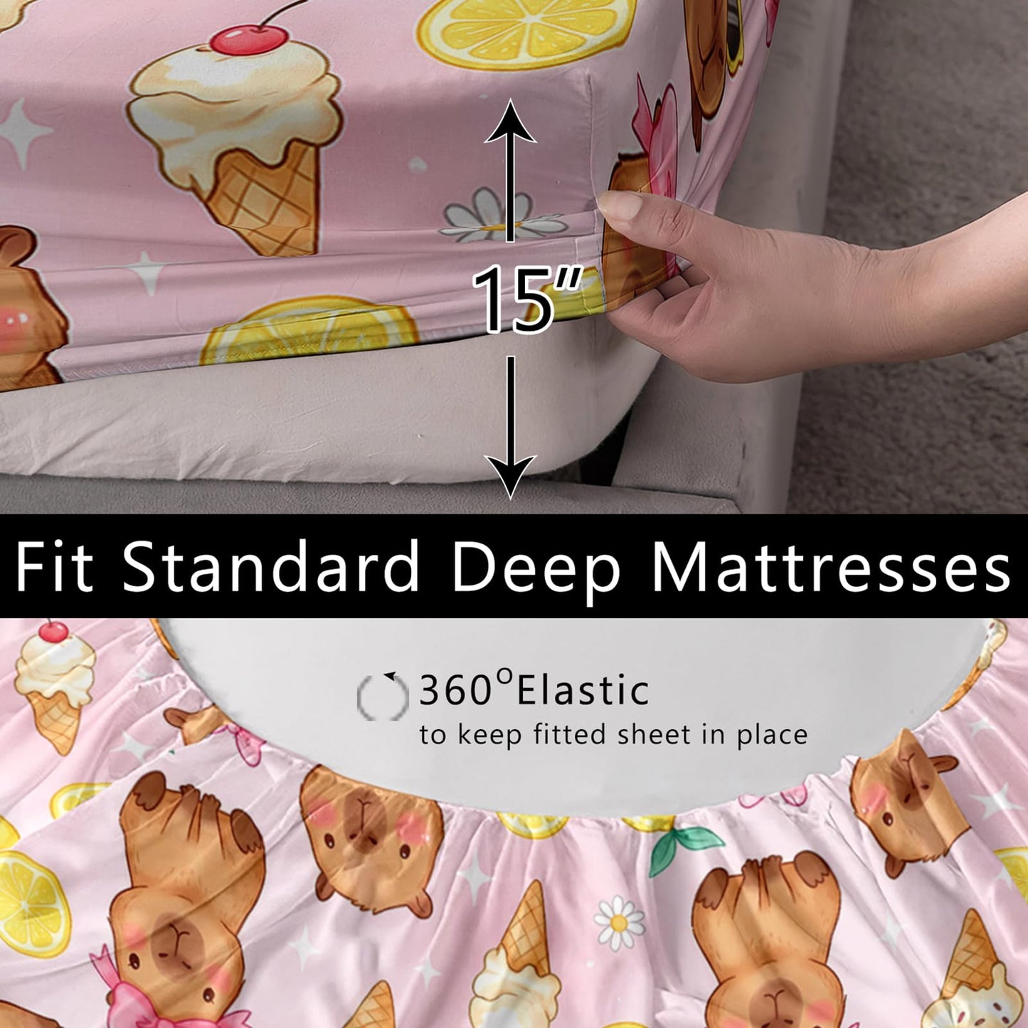 AILONEN 3 Piece Pink Capybara Twin Fitted Sheet Set, 1 Fitted Sheet + 2 Pillowcases, Lemon ice Cream Cartoon Print on Blush