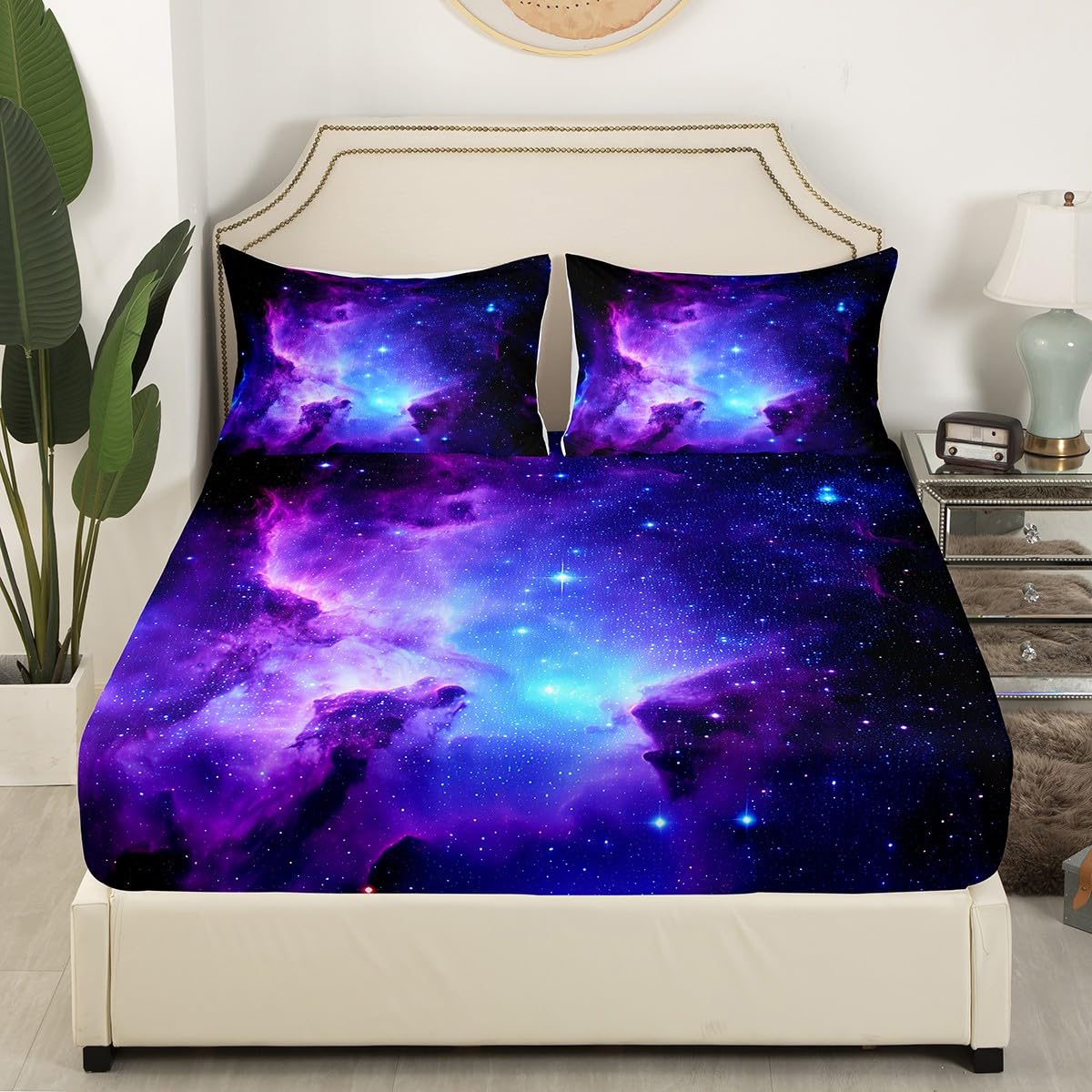 Galaxy Bedding Set Twin Size for Kids Boys Girls Starry Sky Bed Sheet Set Outer Space Cosmos Universe Bed Cover with 1 Pillow Shams Ultra Soft Teens Blue Purple Milky Way Fitted Sheet (No Flat Sheet)