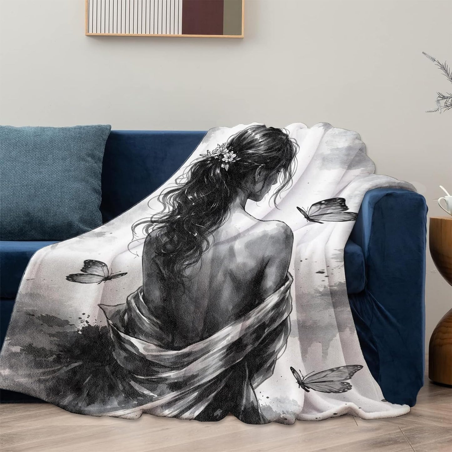 Elegant Woman Blanket Gifts for Women Girls Kids, Soft Warm Lightweight Black White Butterfly Art Throw Blankets for Living Room Sofa Home Bedroom Decor 50" x 60"