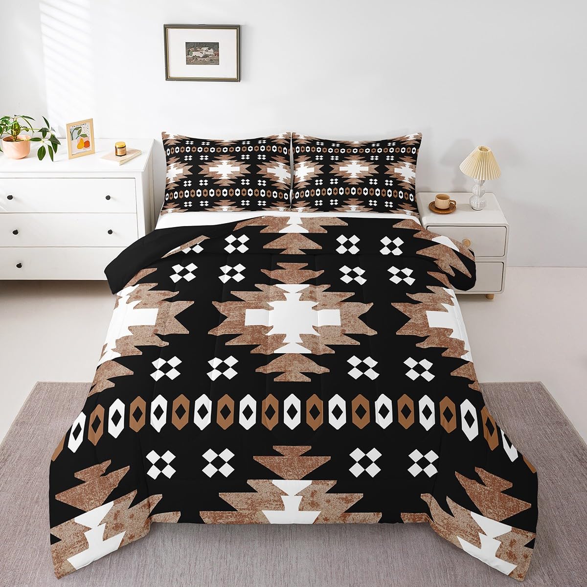 Feelyou Boho Comforter Set King Size Southwest Native American Design Comforter Southwestern Geometric Bedding Set Western Decor Duvet Set Room Decor Brown Balck Quilt Set