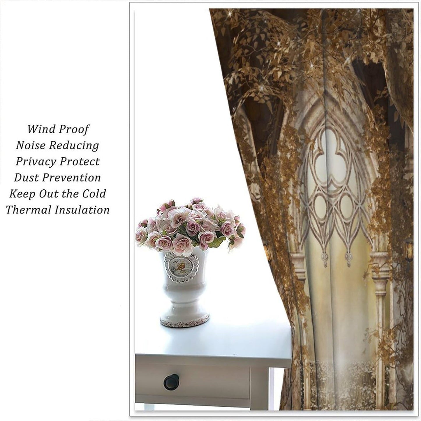 YCness Fantasy Nature Autumn Leaves Curtains, Landscape Golden Sparkle Gothic Fantasy Gate Magic Dreamland Fairy Window Treatments for Kitchen Living Room Bedroom Home, 2 Panels 42x45 Inch