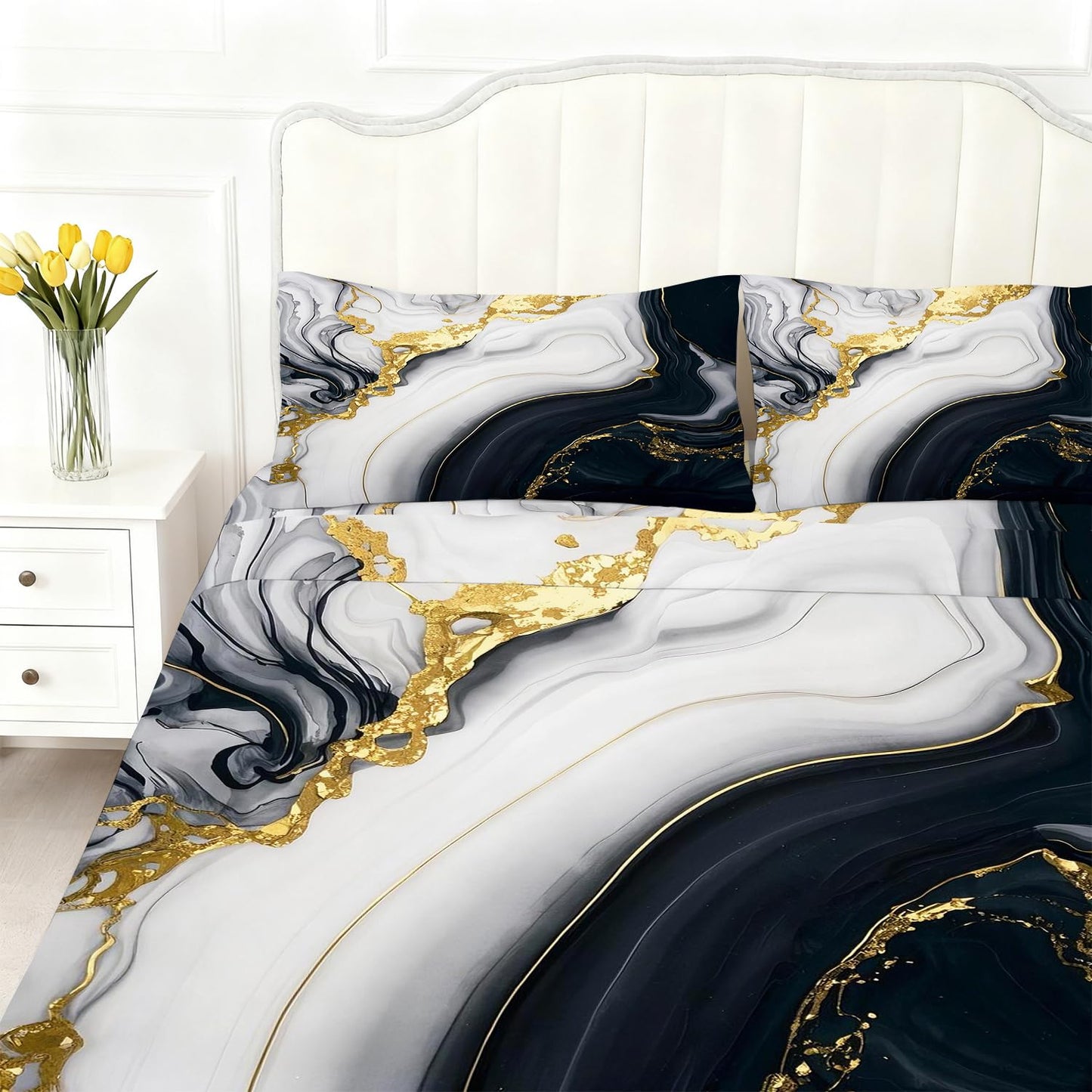 VTKON Black Gold Marble Sheets Sets Twin Size Elegant Marbling Fitted Sheet Set 3D Marble Bed Sheet for Kids Teens Adults Modern Bedspread 1 Fitted Sheet+1 Flat Sheet+1 Pillowcase