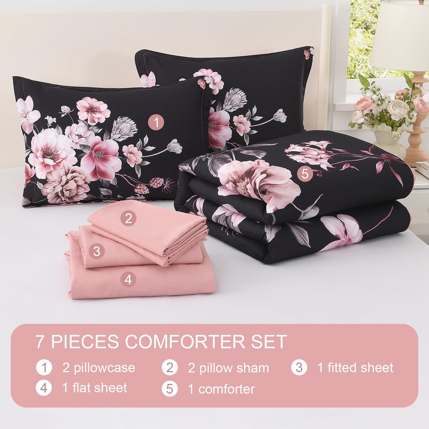 Floral Comforters Queen Size 7 Pieces Botanical Black and Pink Comforter Set Ulter Soft Microfiber Bedding Set, Lightweight Bed Comforter Set with Sheets for All Season (Black, Queen)