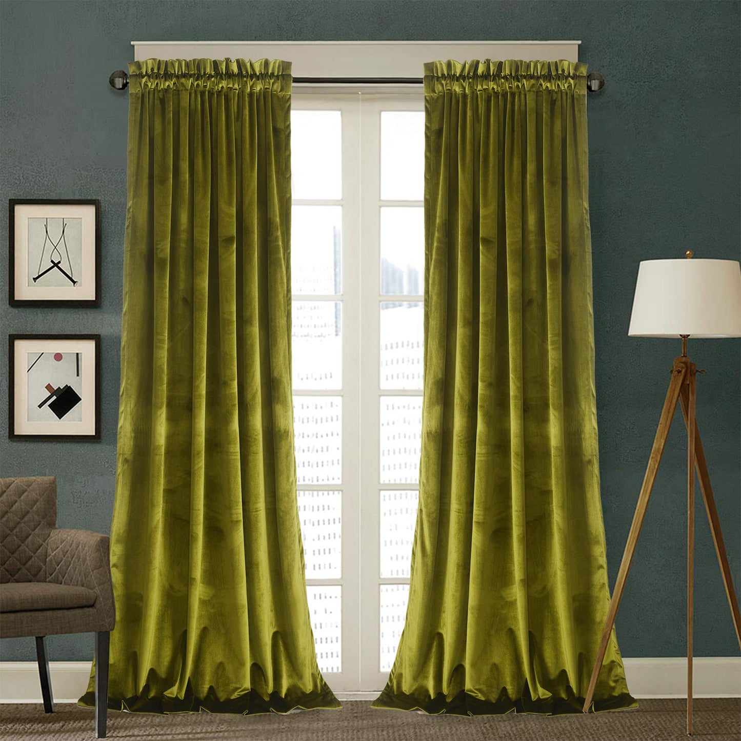 Roslynwood Velvet Olive Green Curtain 63 inch Long - Curtains Block Light Rod Pocket Thermal Insulated Window Drapes Set for Living Room/Bedroom/Dining Room, W52 x L63, 2 Panels